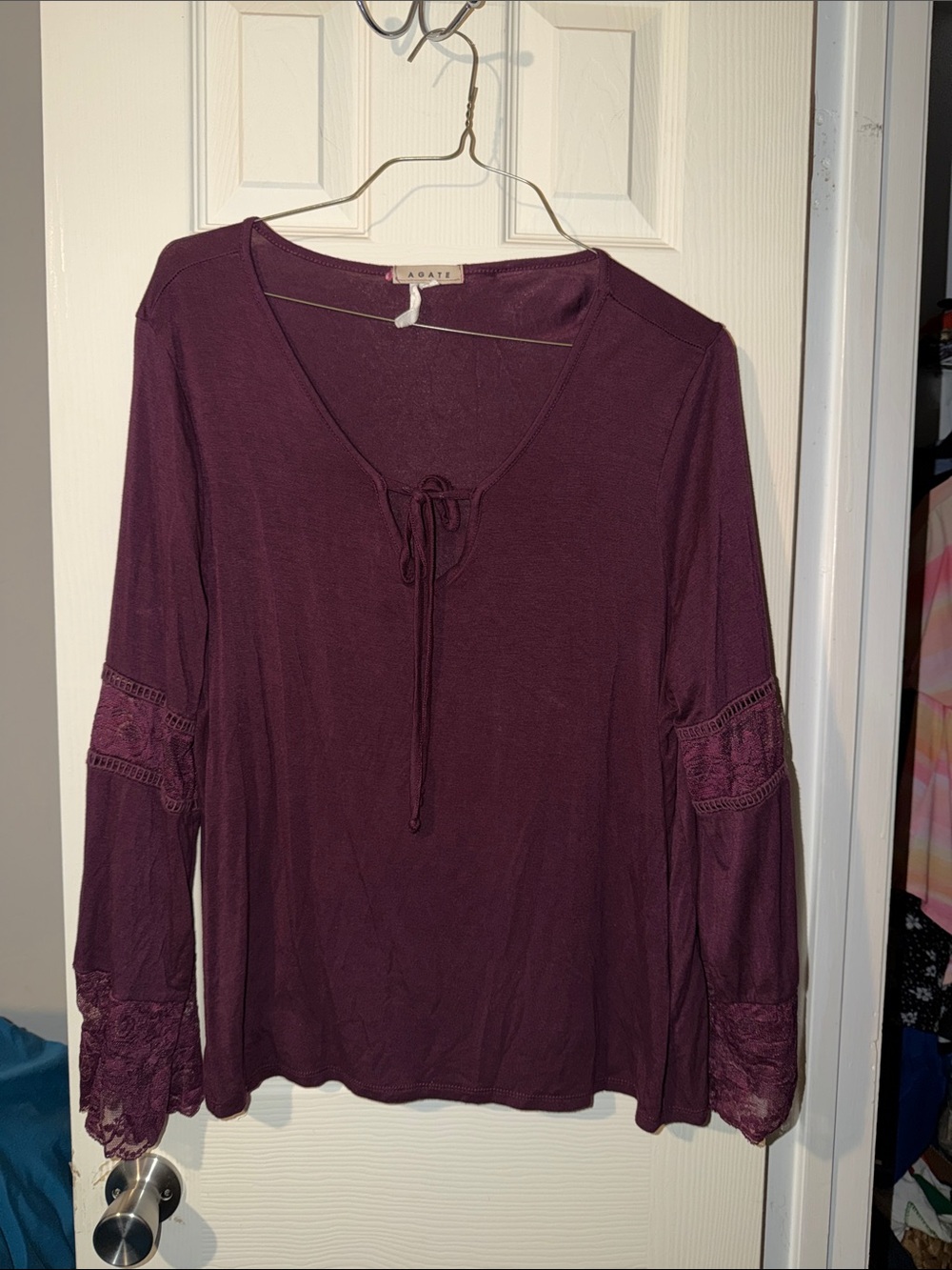 #143 Women's Plum Lace-Sleeve Tie-Neck Top